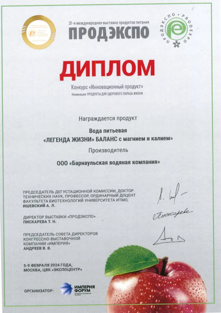 Диплом ПРОДЭКСПО 2024 Конкурс Инновационный продукт вода ЛЖ баланс с магнием и калием.jpg Диплом ПРОДЭКСПО 2024 Конкурс Инновационный продукт вода ЛЖ баланс с магнием и калием.jpg